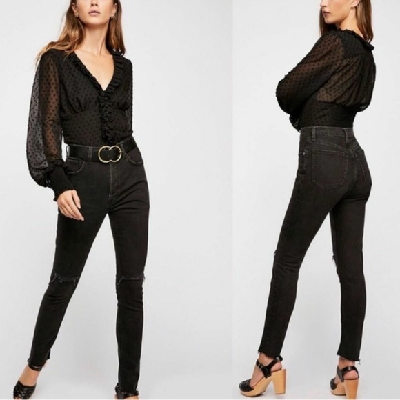We the Free Free People Black Stella Rip High Waisted Skinny Jeans Raw Hem 24 - Picture 1 of 16